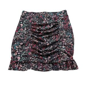 FREE PEOPLE Floral Ruched Mesh Mini Skirt Black Pink Teal Women's Size Small